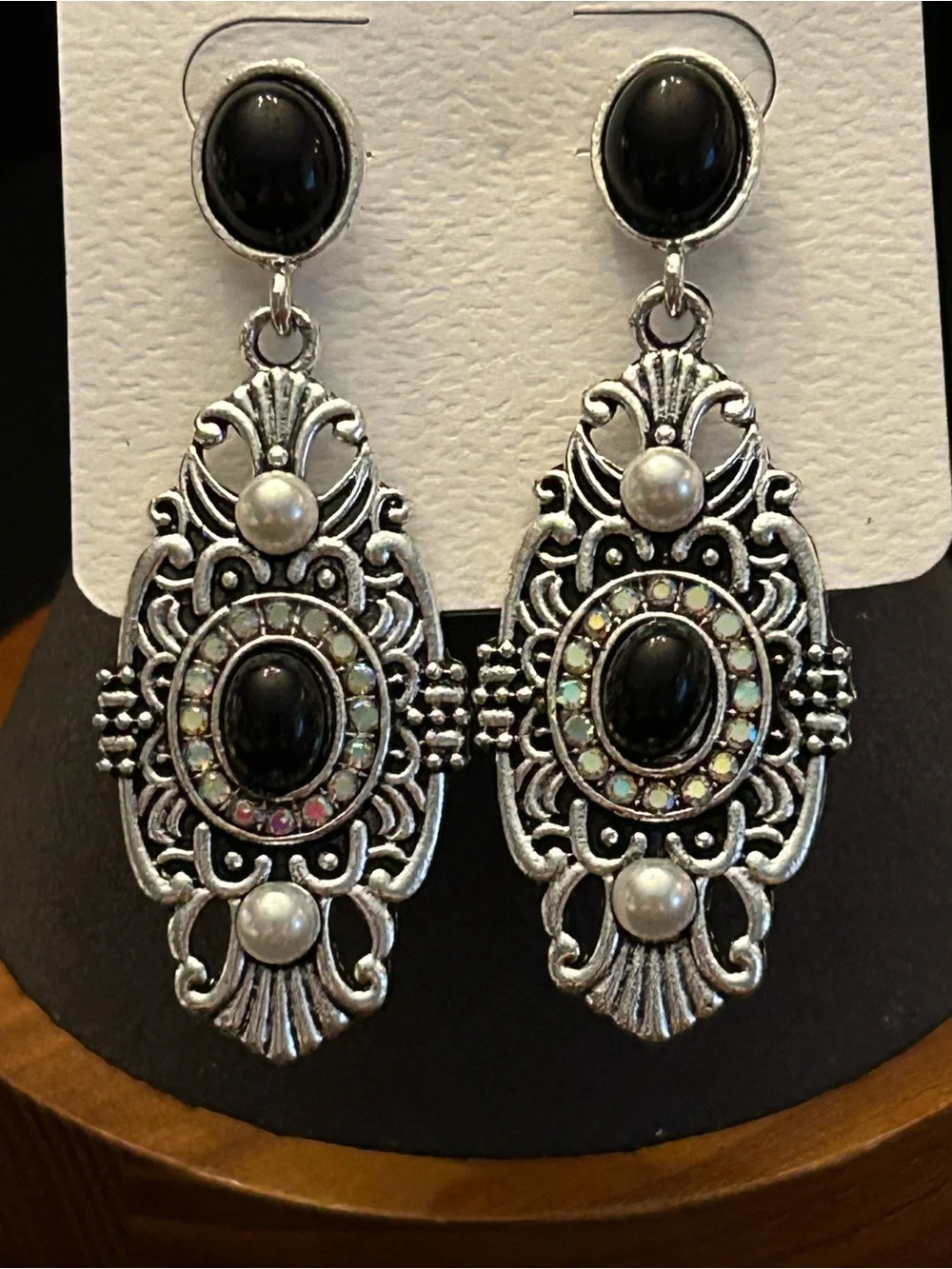 Ornate Black Onyx Faux Stone Filigree Metallic Drop Earrings with Pearl Accents